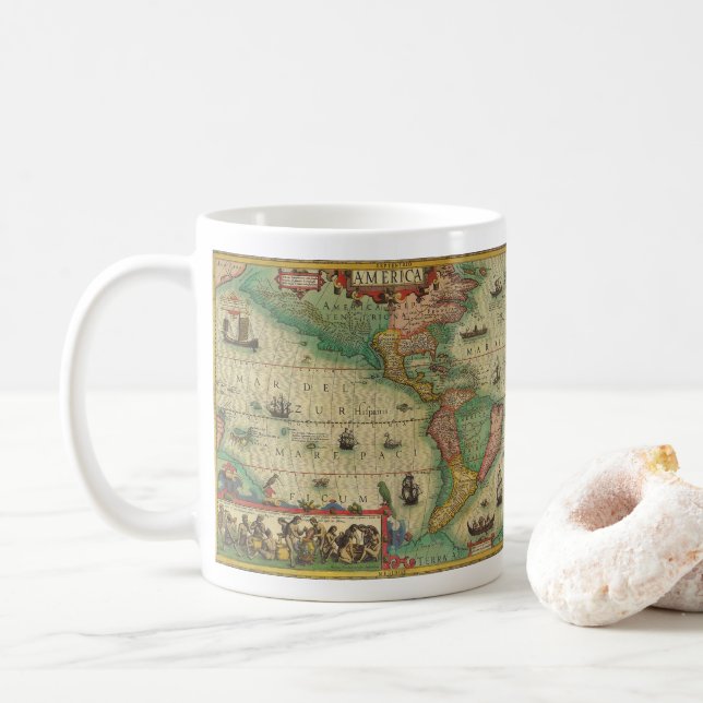 Mug Carte ancienne du monde des Amériques par Hondius (Avec donut)