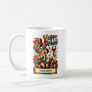 Mug Carte d'anniversaire cubiste personnalisée pour fe
