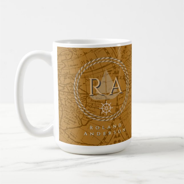 Mug Carte de monogramme de corde nautique marron (Gauche)