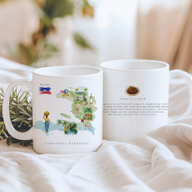 Mug Carte d'Haiti illustrée à l'aquarelle | Monogramme (Créateur téléchargé)