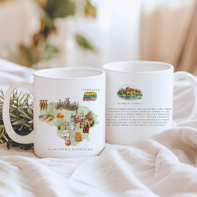 Mug Carte illustrée aquarelle Lituanie | Monogramme (Créateur téléchargé)