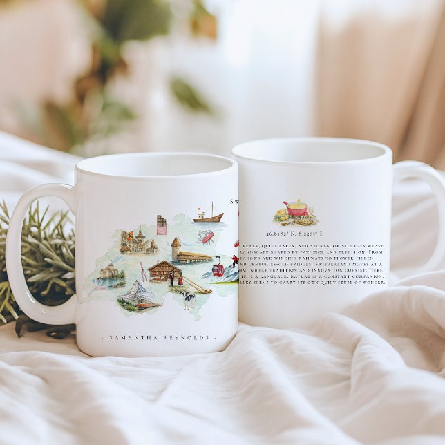 Mug Carte illustrée aquarelle Suisse | Monogramme (Créateur téléchargé)