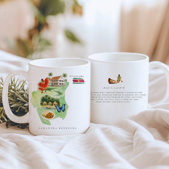 Mug Carte illustrée aquarelle Suriname | Monogramme (Créateur téléchargé)