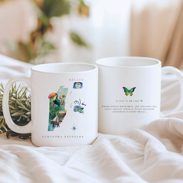 Mug Carte illustrée au lavis de Bélize | Monogramme (Créateur téléchargé)