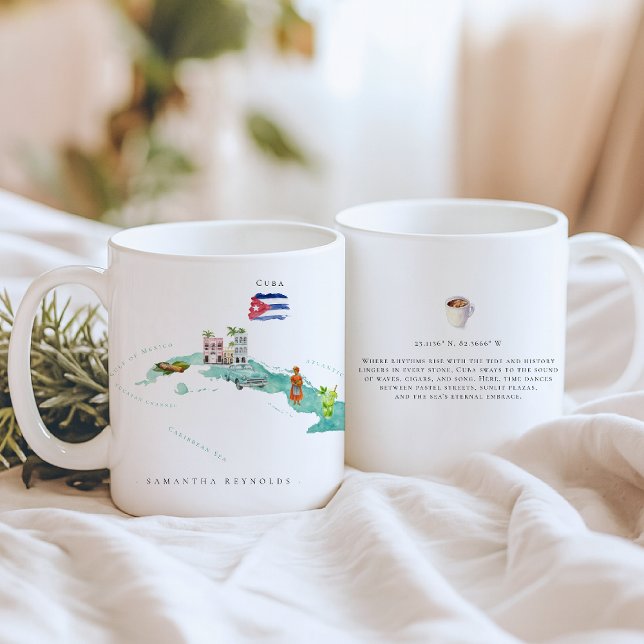 Mug Carte illustrée de Cuba à l'aquarelle | Monogramme (Créateur téléchargé)