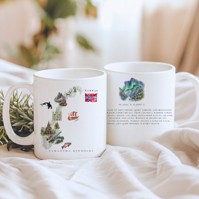 Mug Carte illustrée de Norvège aquarelle | Monogramme (Créateur téléchargé)