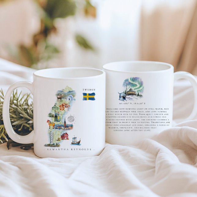 Mug Carte illustrée de Suède à l'aquarelle | Monogramm (Créateur téléchargé)