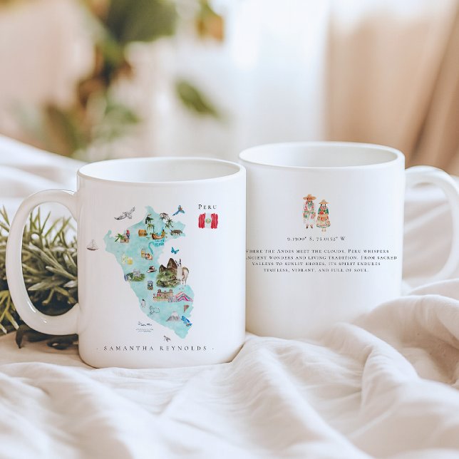 Mug Carte illustrée en aquarelle Pérou | Monogramme (Créateur téléchargé)