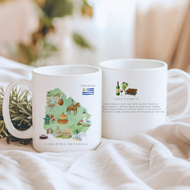 Mug Carte illustrée en aquarelle Uruguay | Monogramme (Créateur téléchargé)