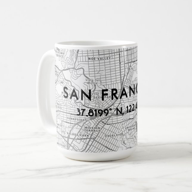 Mug Carte San Francisco noir et blanc Coordonnées pers (Devant gauche)