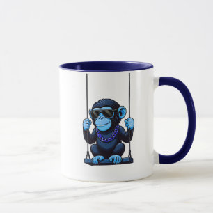 Mug cartoon stylisé singe bleu cool sur balançoire