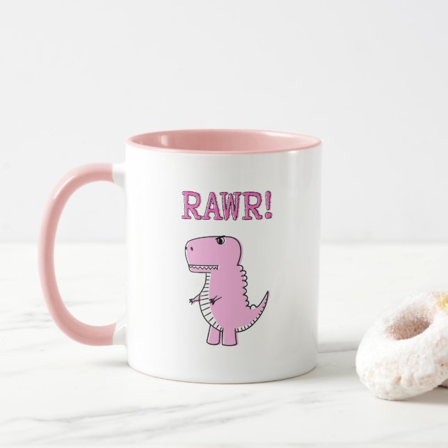 Mug Cartoon T-Rex Dinosaur Mignonne Et Rose En Colère (Avec donut)