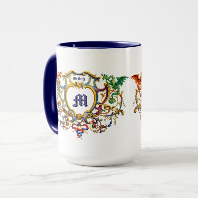 Mug Cartouche Rococo Dragons Nom et Monogramme (Devant gauche)