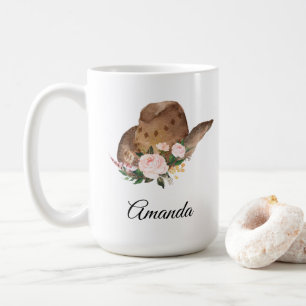 Mug Casquette Brown Cowgirl avec fleurs roses