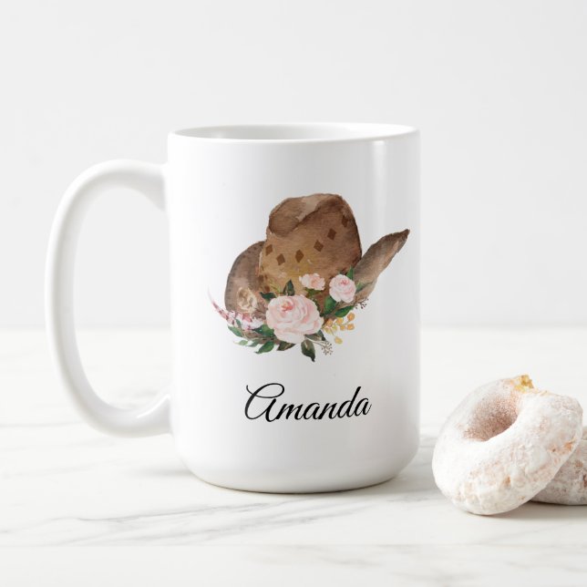 Mug Casquette Brown Cowgirl avec fleurs roses (Avec donut)