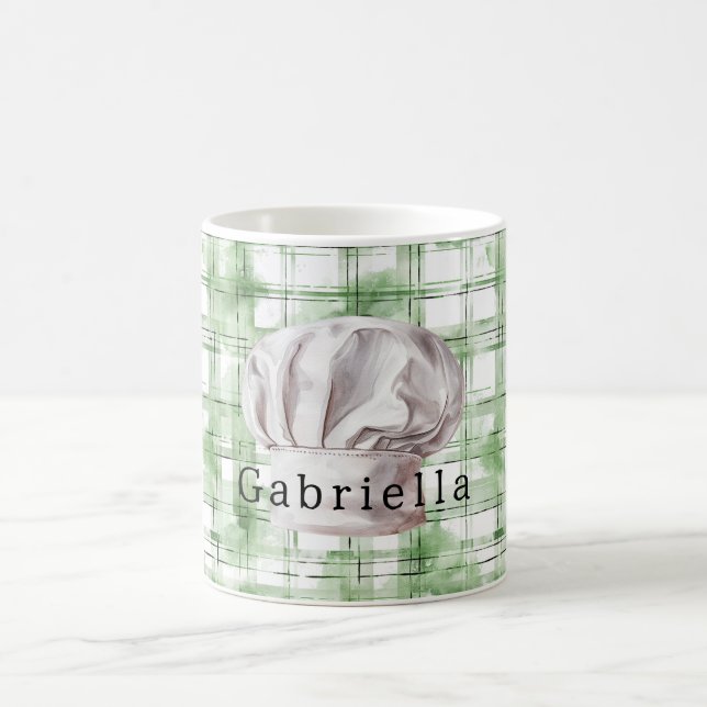 Mug Casquette de Chef Blanche Rayures à Carreaux Verts (Centre)