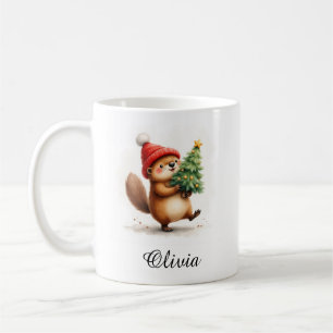Mug Castor avec nom personnalisé et arbre de Noël