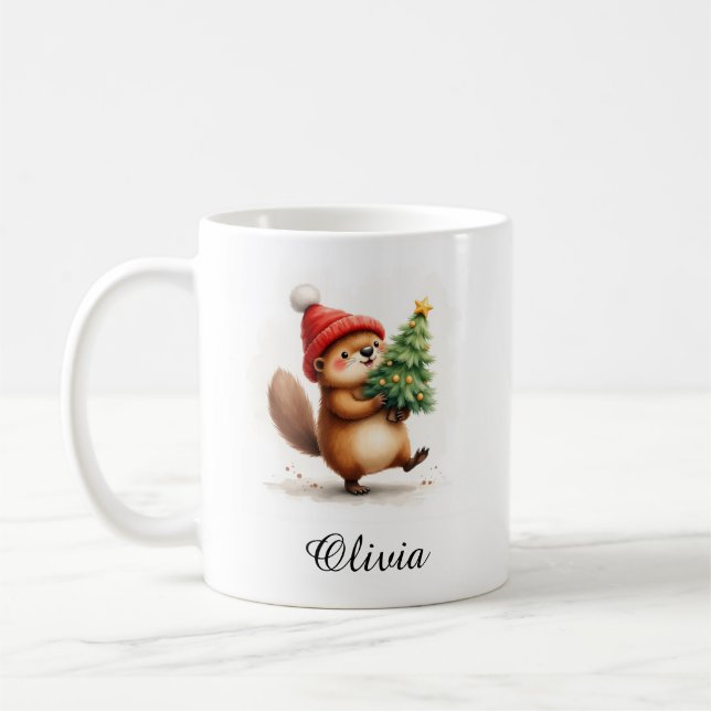 Mug Castor avec nom personnalisé et arbre de Noël (Gauche)