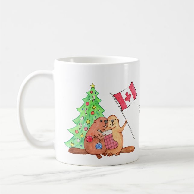 Mug Castor de Noël canadien Nom personnalisé Vacances (Gauche)