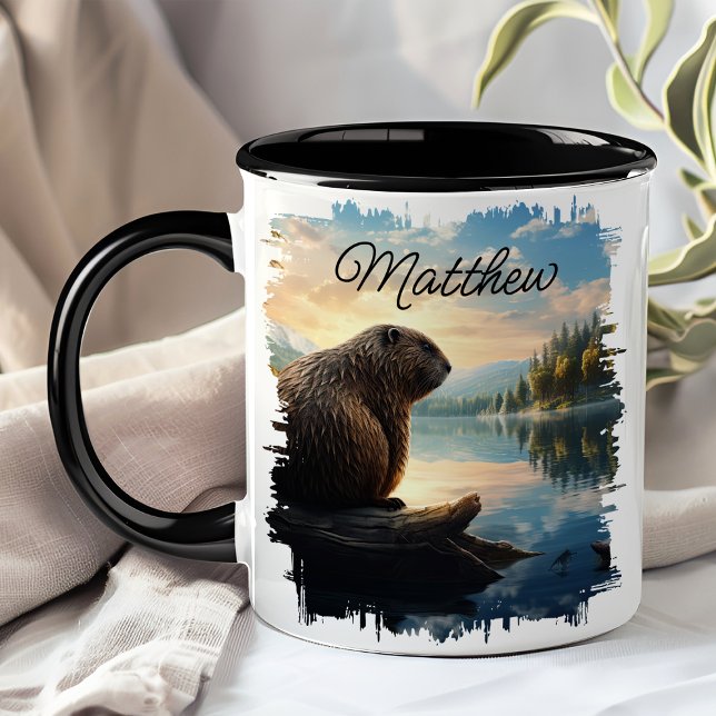 Mug Castor sur une bûche au lever du soleil dans la na (Créateur téléchargé)