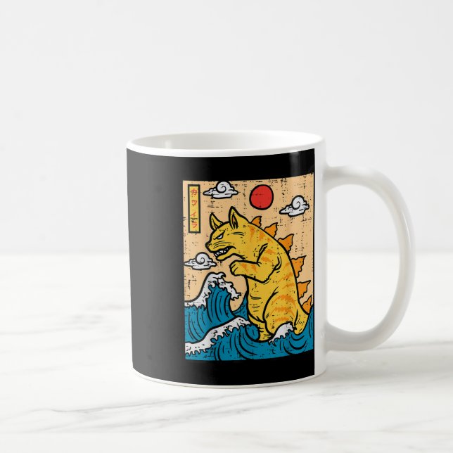 Mug Cat Catzilla Funny Japonais Wave Art Hommes Femmes (Droite)