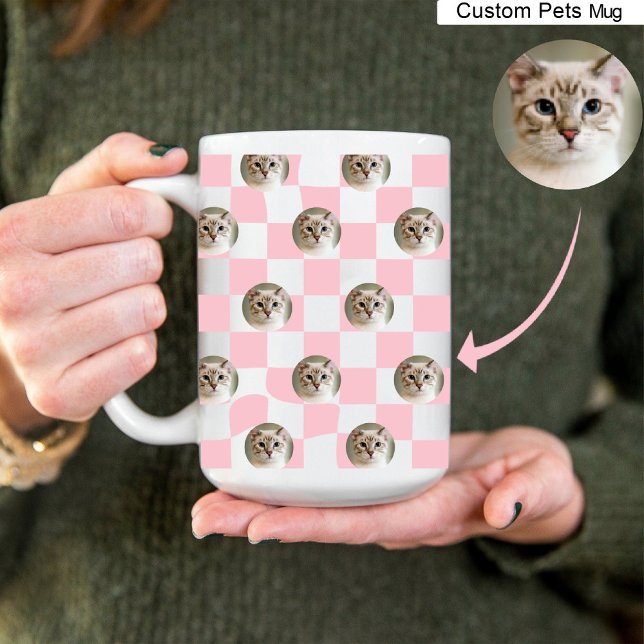 Mug Cat Photo Collage Pink clair Plaid Motif Café (Cat Photo Collage Light Pink Plaid Pattern Coffee Mug)