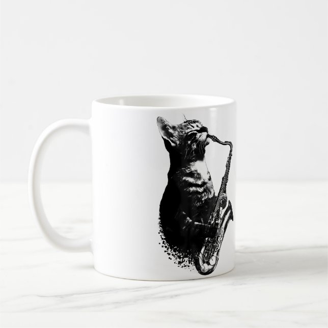 Mug Cat Playing Saxophone Funny Cat Jazz Sax Music Sax (Gauche)
