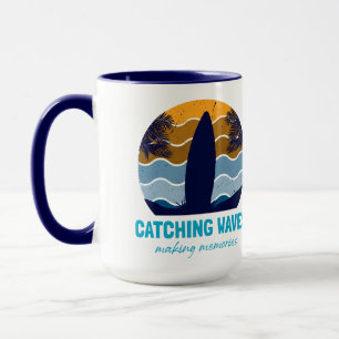 Mug Catching Waves Surboard Retro Sunset Beach