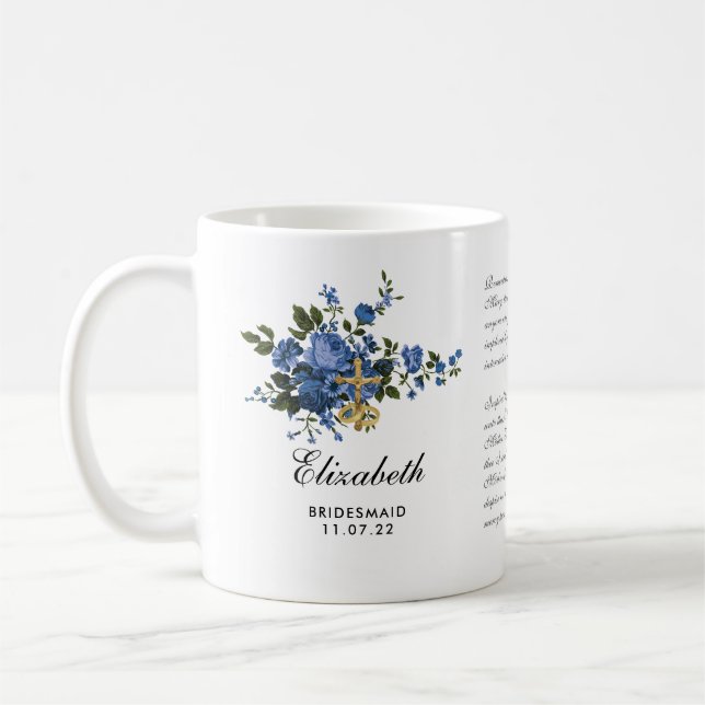 Mug Catholique Bleu Roses Crucifix Prière Bridesmaid (Gauche)
