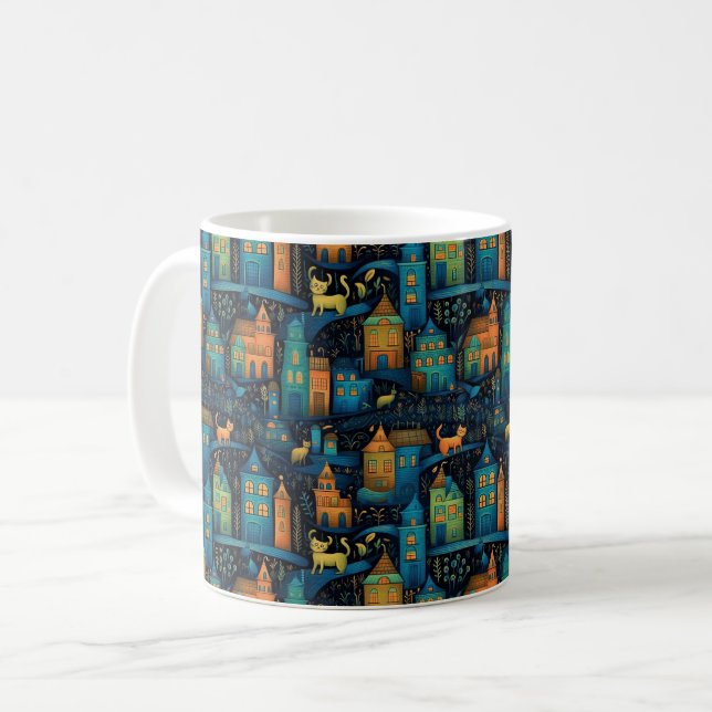 Mug Cats City Blue Terracotta Green Ai Art (Devant gauche)