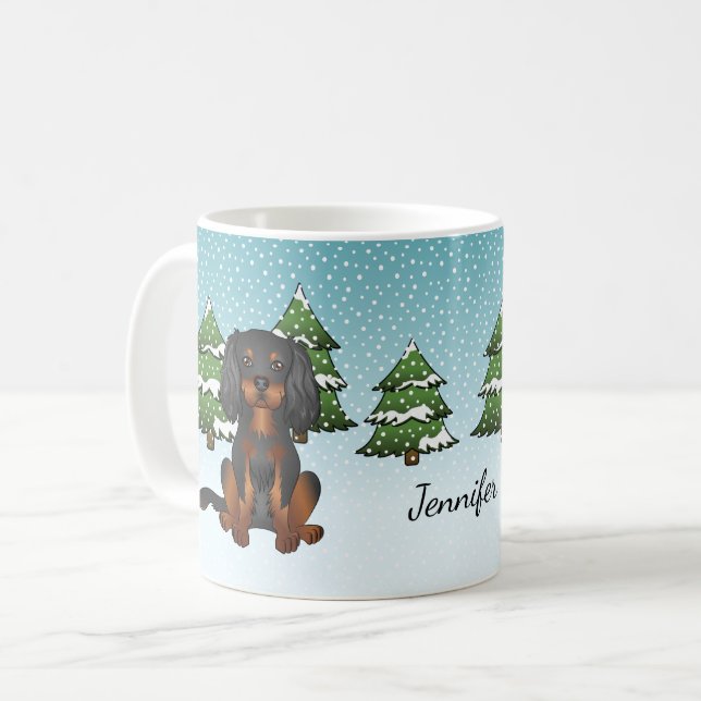 Mug Cavalier King Charles Spaniel noir et feu en hiver (Devant gauche)