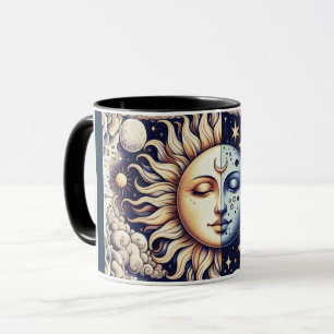 Mug Céleste Vintage Demi Soleil & Lune Bleu Jaune