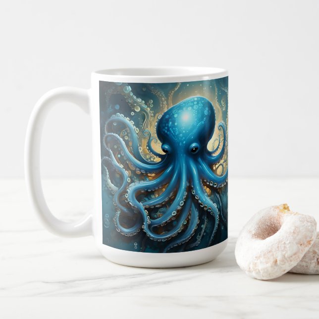 Mug Celestial Waves: The Blue Octopus Fractal Art (Avec donut)