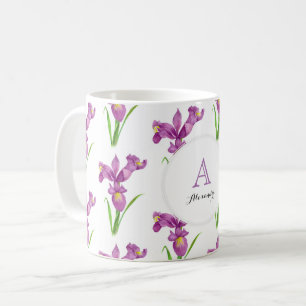 Mug Cercle de monogramme d'art floral des Iris mauves 