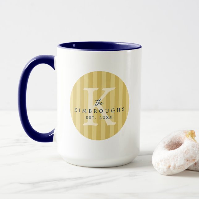 Mug Cercle rayé bleu jaune Monogramme de famille perso (Avec donut)