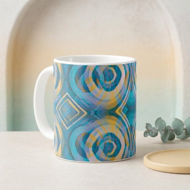 Mug Cercles et diamants en batik turquoise et jaune (Créateur téléchargé)