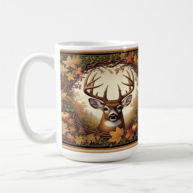Mug Cerf à Queue Blanche Entouré de Feuilles d'Automne (Gauche)