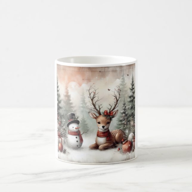 Mug Cerf de Noël/bonhomme de neige en bois classique (Centre)