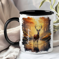 Cerfs dans le reflet de la forêt automnale 