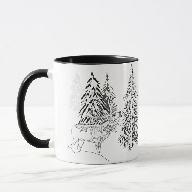 Mug Cerfs, hiver, forêt, arbres de Noël, monochrome (Gauche)