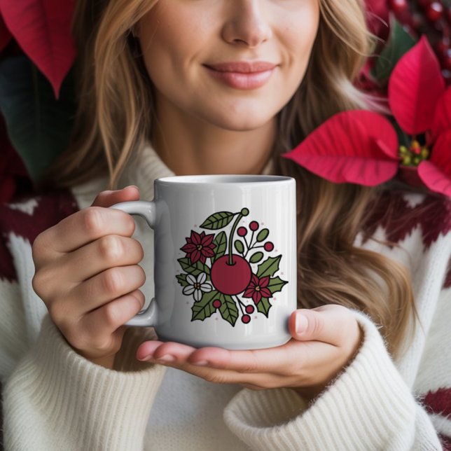 Mug Cerise florale avec botanique festive de poinsetti (Créateur téléchargé)