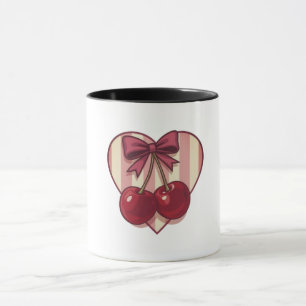 Mug Cerises Rétro Design Cœur avec Ruban Mignon Vintag