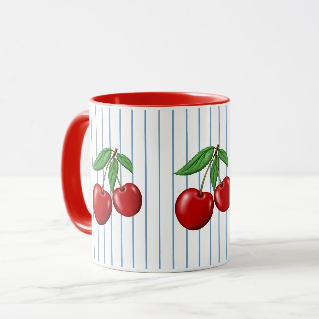 Mug Cerises Rouges sur Motif Graphique à Rayures Bleue (Devant gauche)