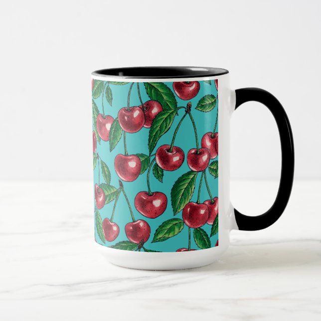 Mug Cerises rouges sur turquoise (Droite)