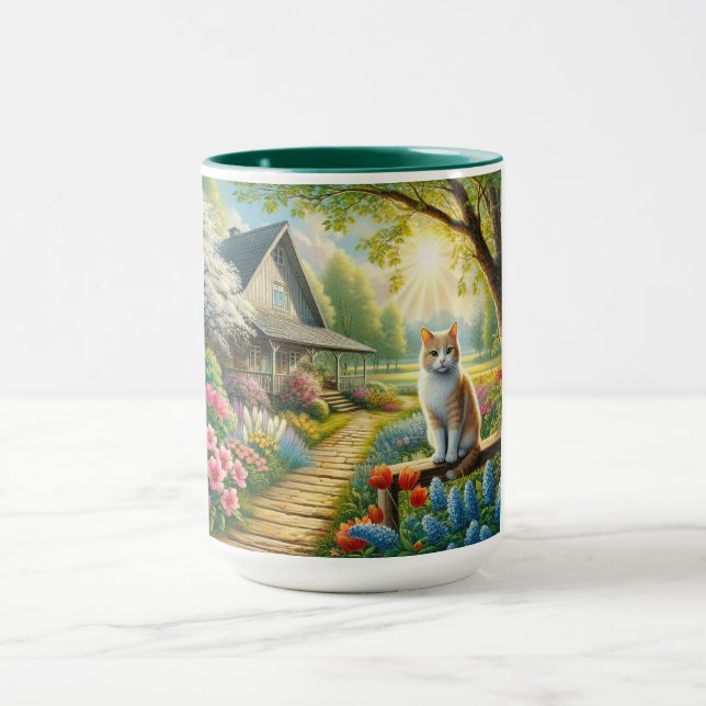 Mug Chalet de printemps/jardin & chat (Centre)