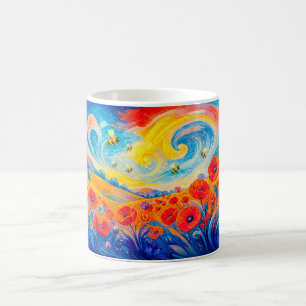 Mug Champ de coquelicots rouges et bleus abstraits ave