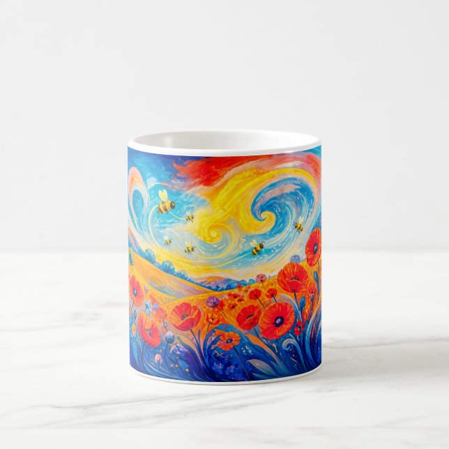 Mug Champ de coquelicots rouges et bleus abstraits ave (Centre)