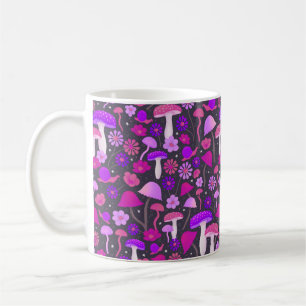 Mug Champignons et fleurs Trippy rose, violet et noir