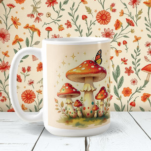 Mug Champignons Rétro et Papillon   Couleurs Vintage