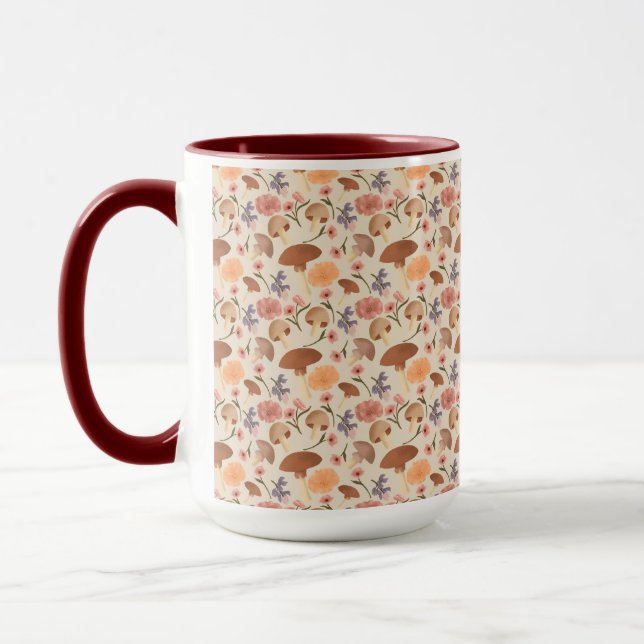 Mug Champignons tirés à la main et fleurs neutres (Gauche)